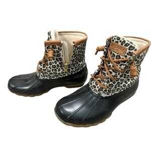 GUC 6 Sperry Women's Saltwater Animal Leopard Print Duck Boots STS8519